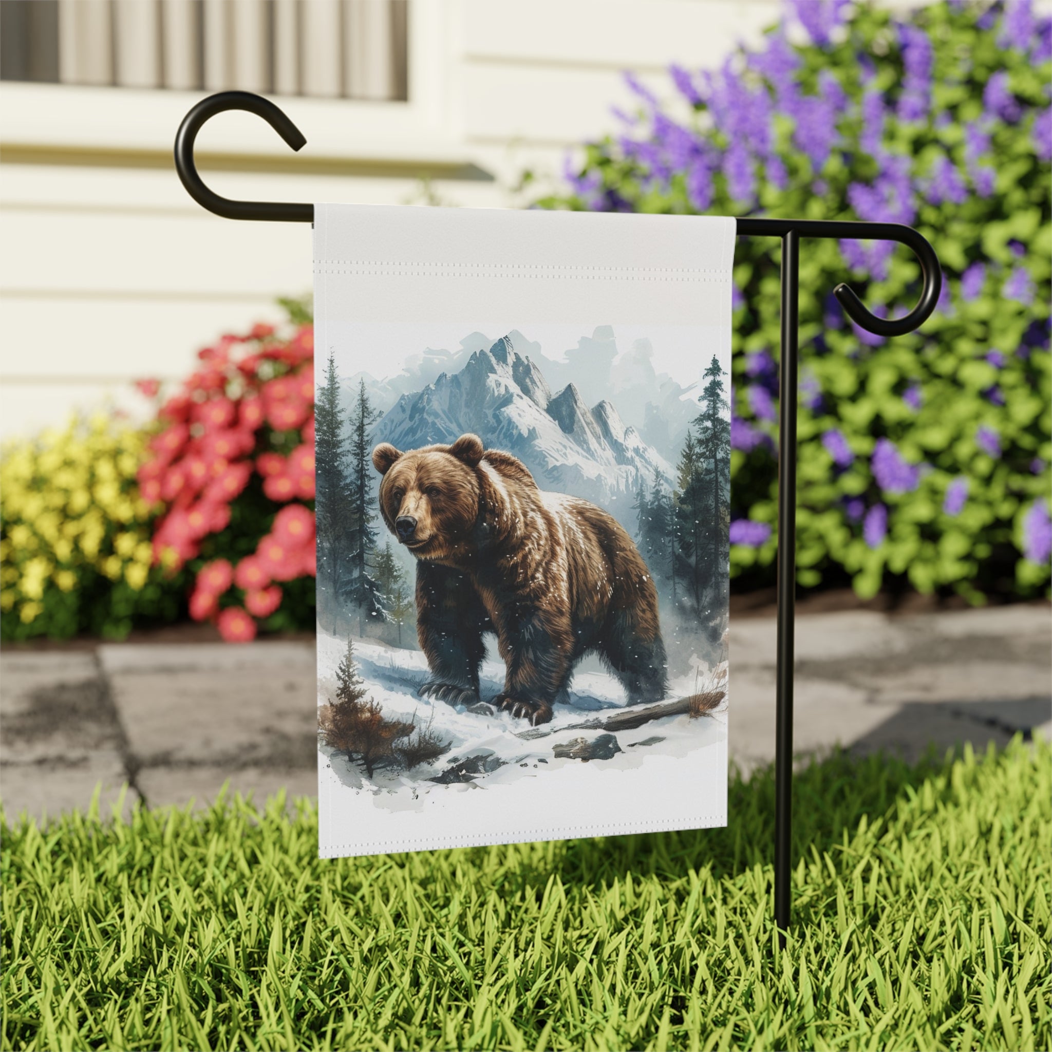 Snowy Mountain Bear Garden Flag Double Sided 12x18 24x32 Outdoor