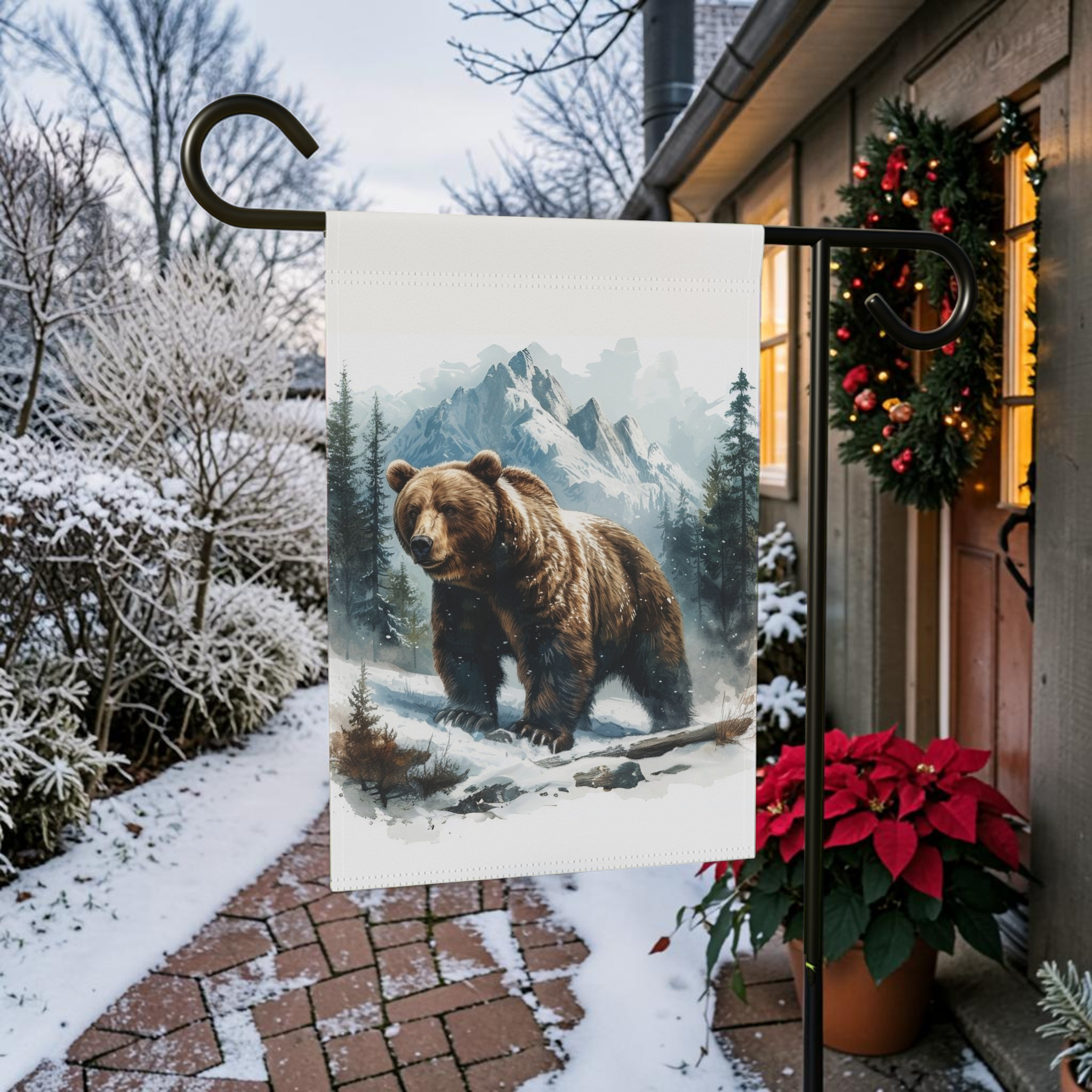 Snowy Mountain Bear Garden Flag Double Sided 12x18 24x32 Outdoor
