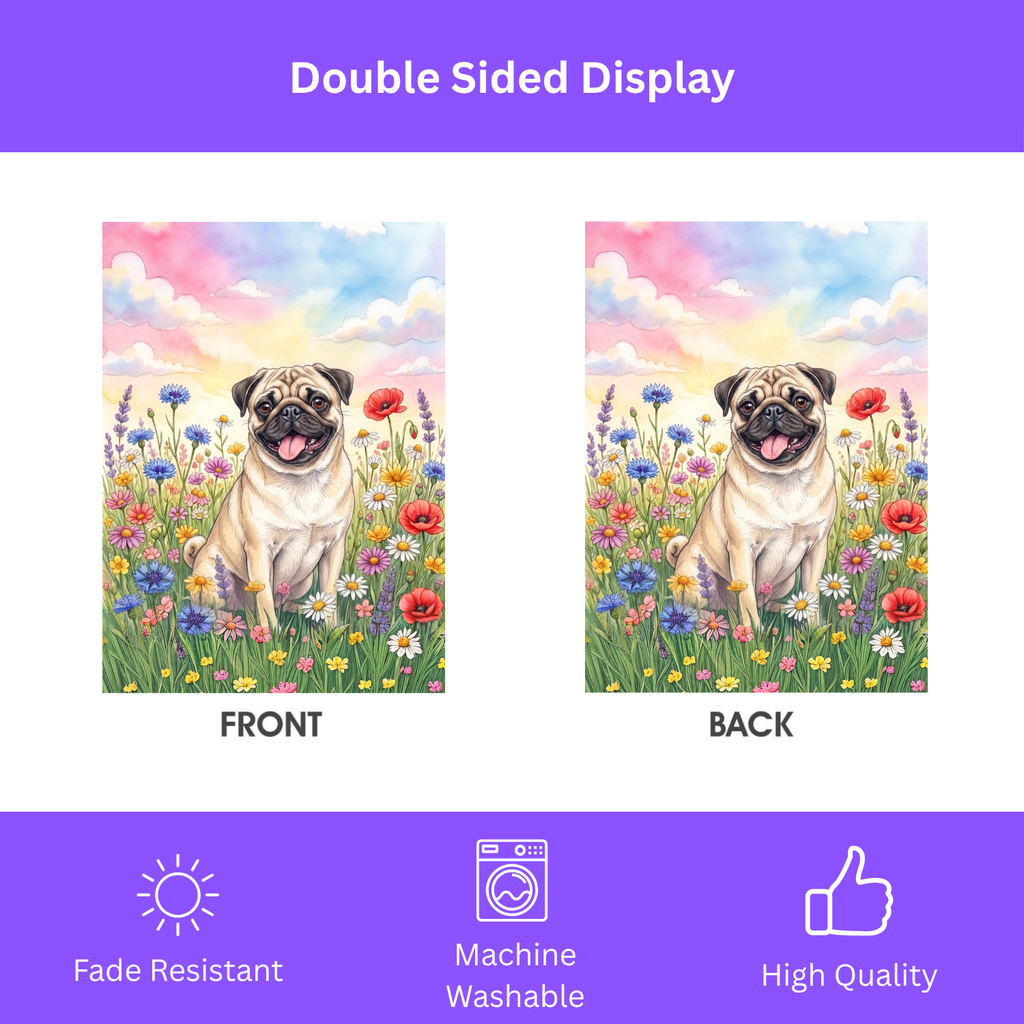 Pug in the Wildflowers Garden Flag Double Sided 12x18 24x32 Outdoor