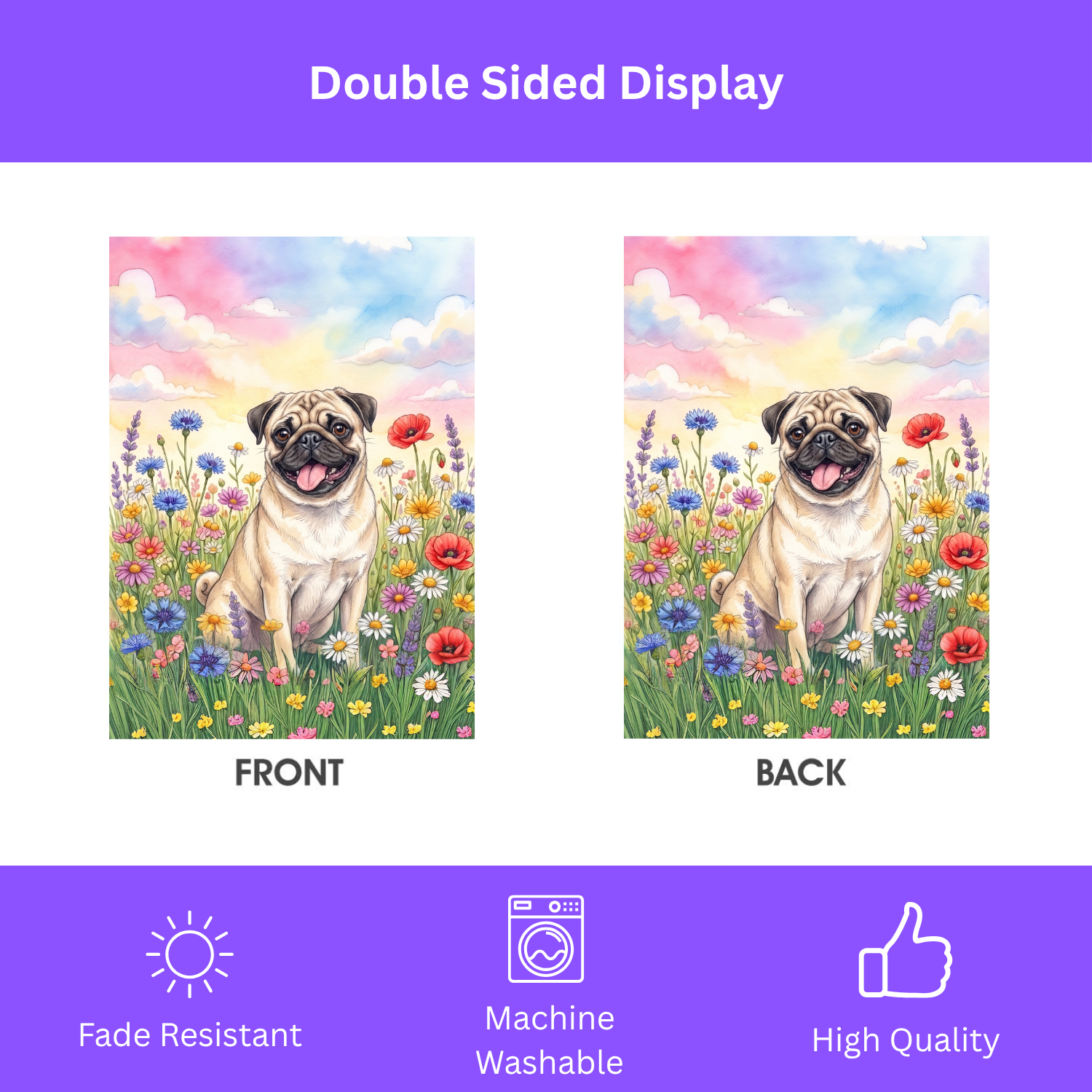 Pug in the Wildflowers Garden Flag Double Sided 12x18 24x32 Outdoor
