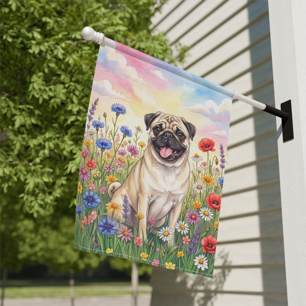 Pug in the Wildflowers Garden Flag Double Sided 12x18 24x32 Outdoor