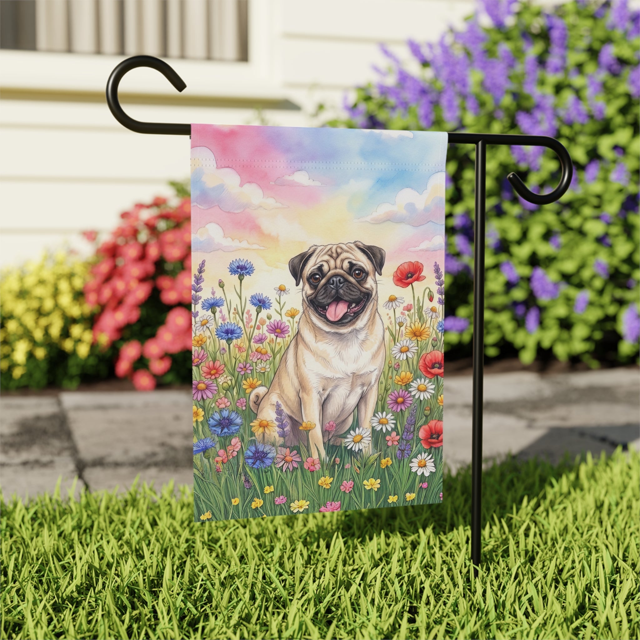 Pug in the Wildflowers Garden Flag Double Sided 12x18 24x32 Outdoor