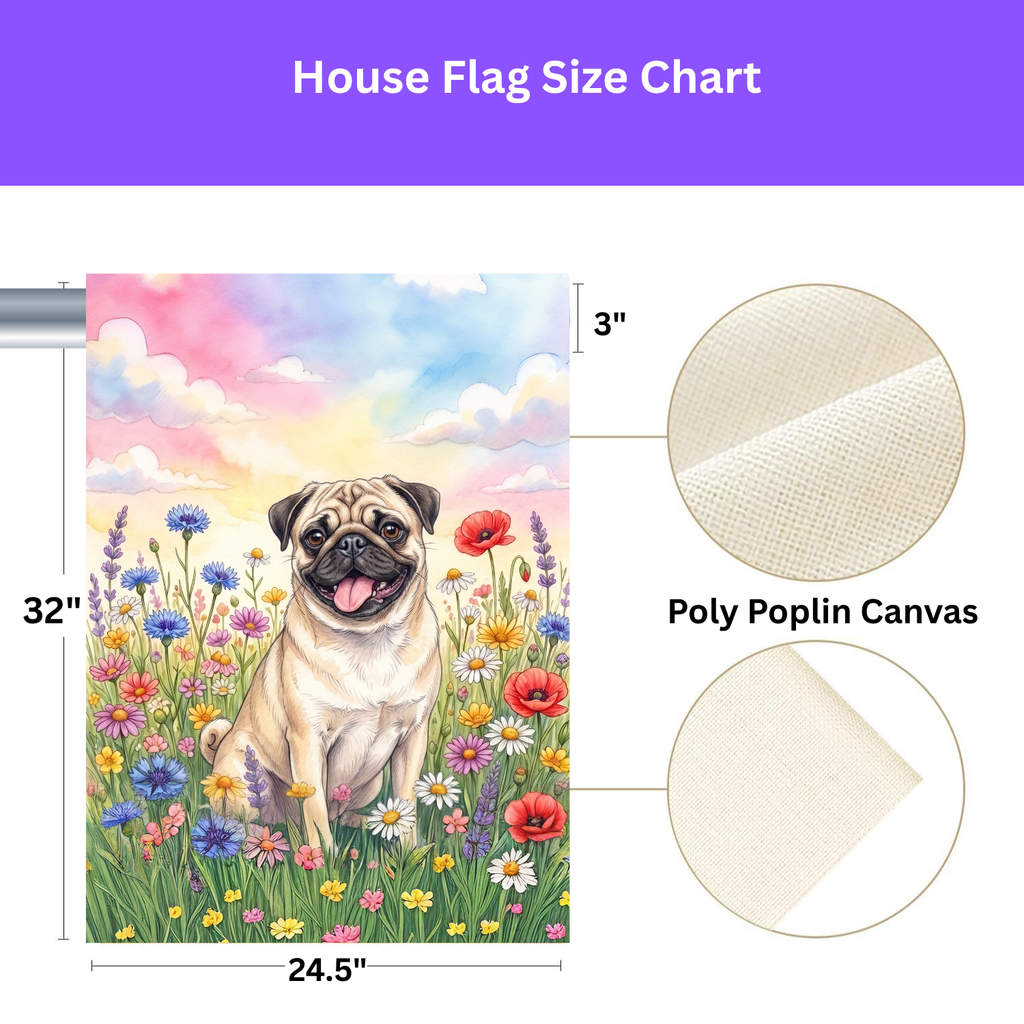 Pug in the Wildflowers Garden Flag Double Sided 12x18 24x32 Outdoor