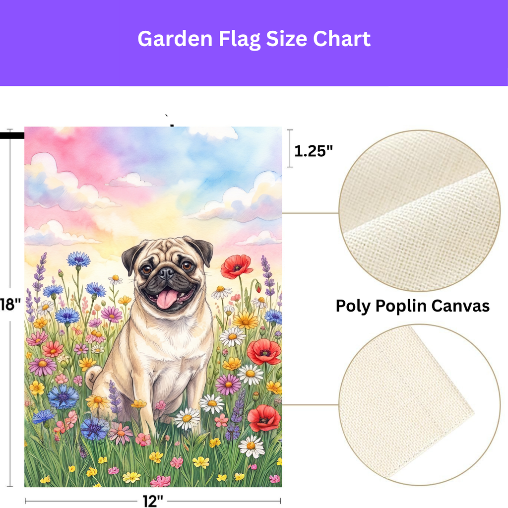 Pug in the Wildflowers Garden Flag Double Sided 12x18 24x32 Outdoor
