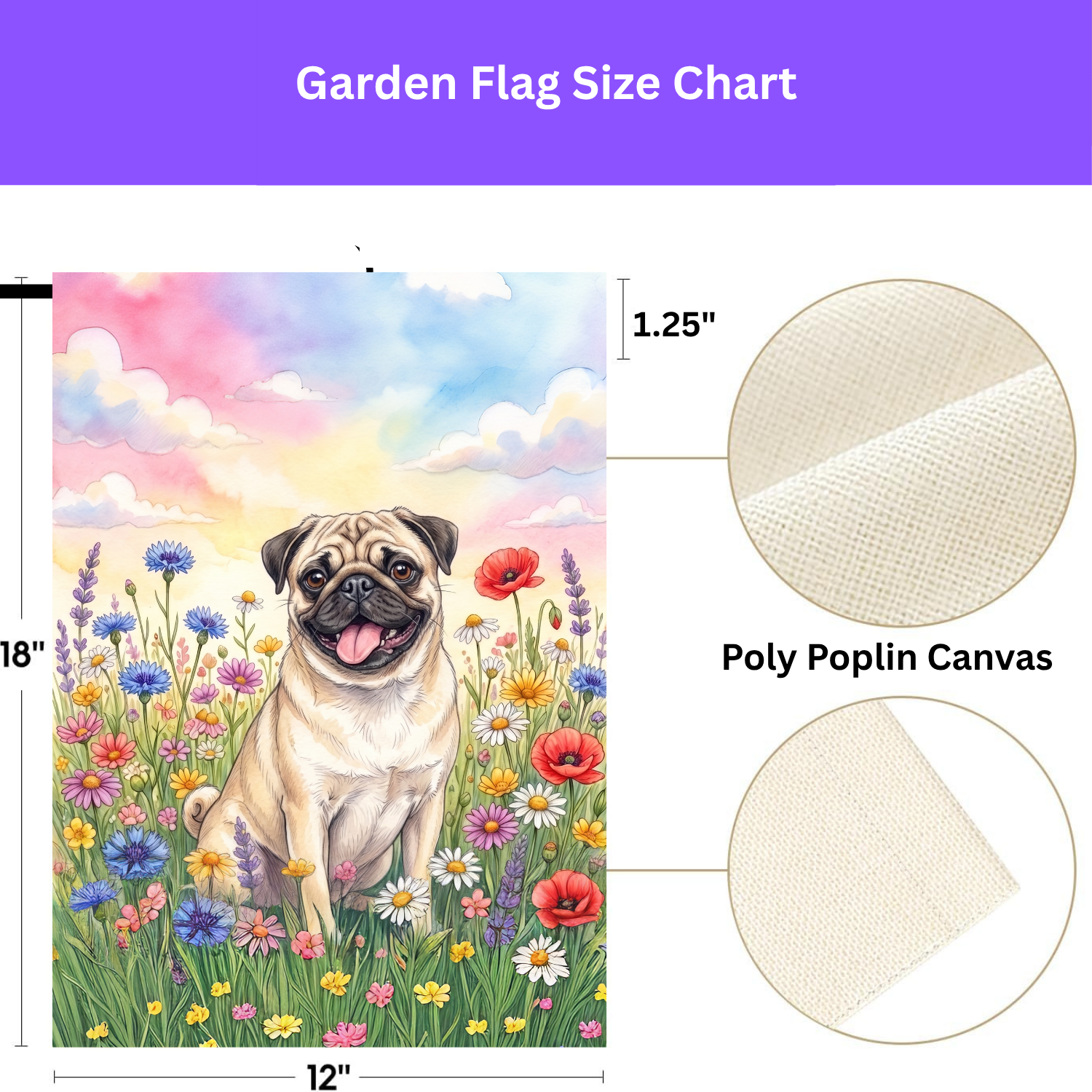 Pug in the Wildflowers Garden Flag Double Sided 12x18 24x32 Outdoor