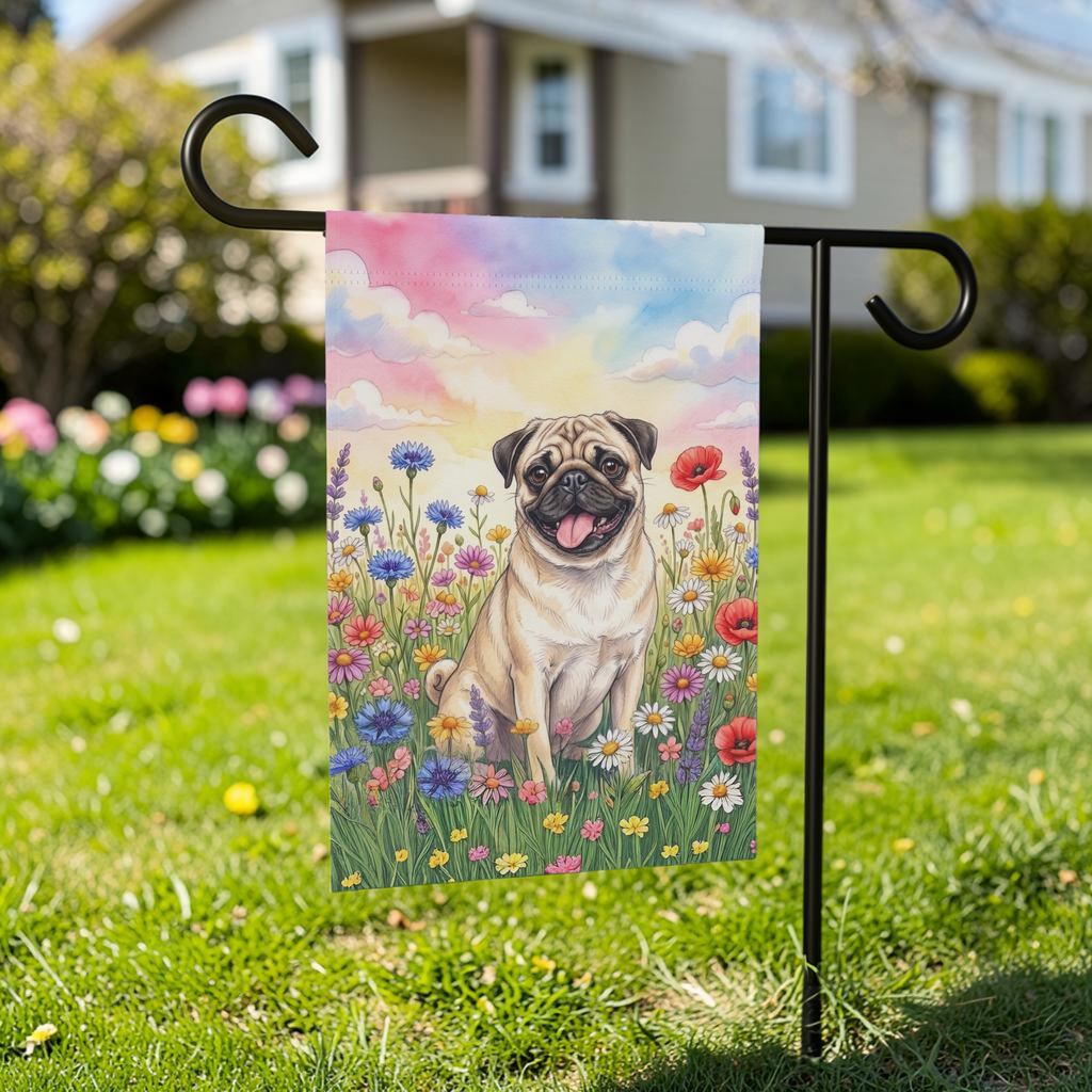 Pug in the Wildflowers Garden Flag Double Sided 12x18 24x32 Outdoor