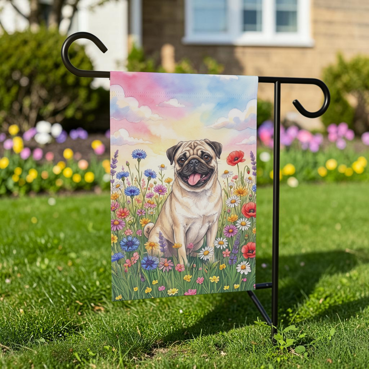 Pug in the Wildflowers Garden Flag Double Sided 12x18 24x32 Outdoor