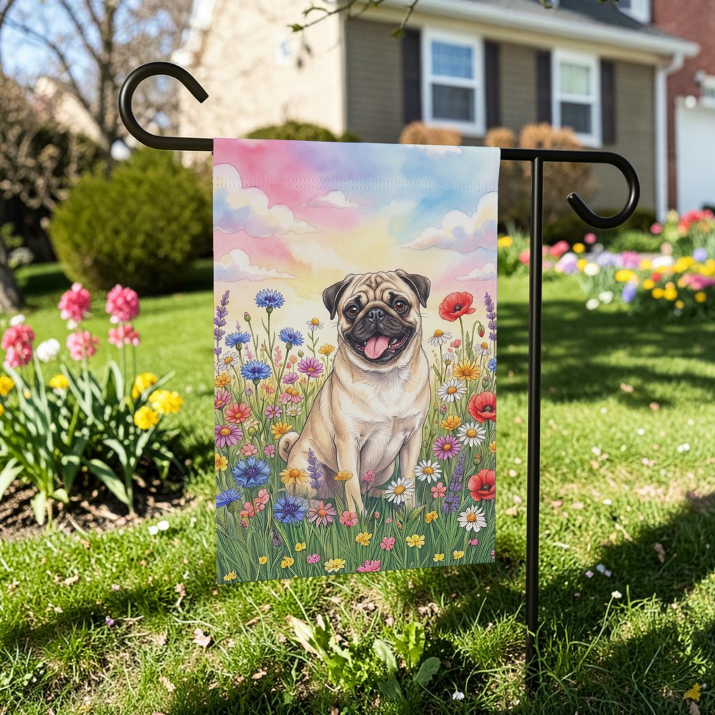 Pug in the Wildflowers Garden Flag Double Sided 12x18 24x32 Outdoor