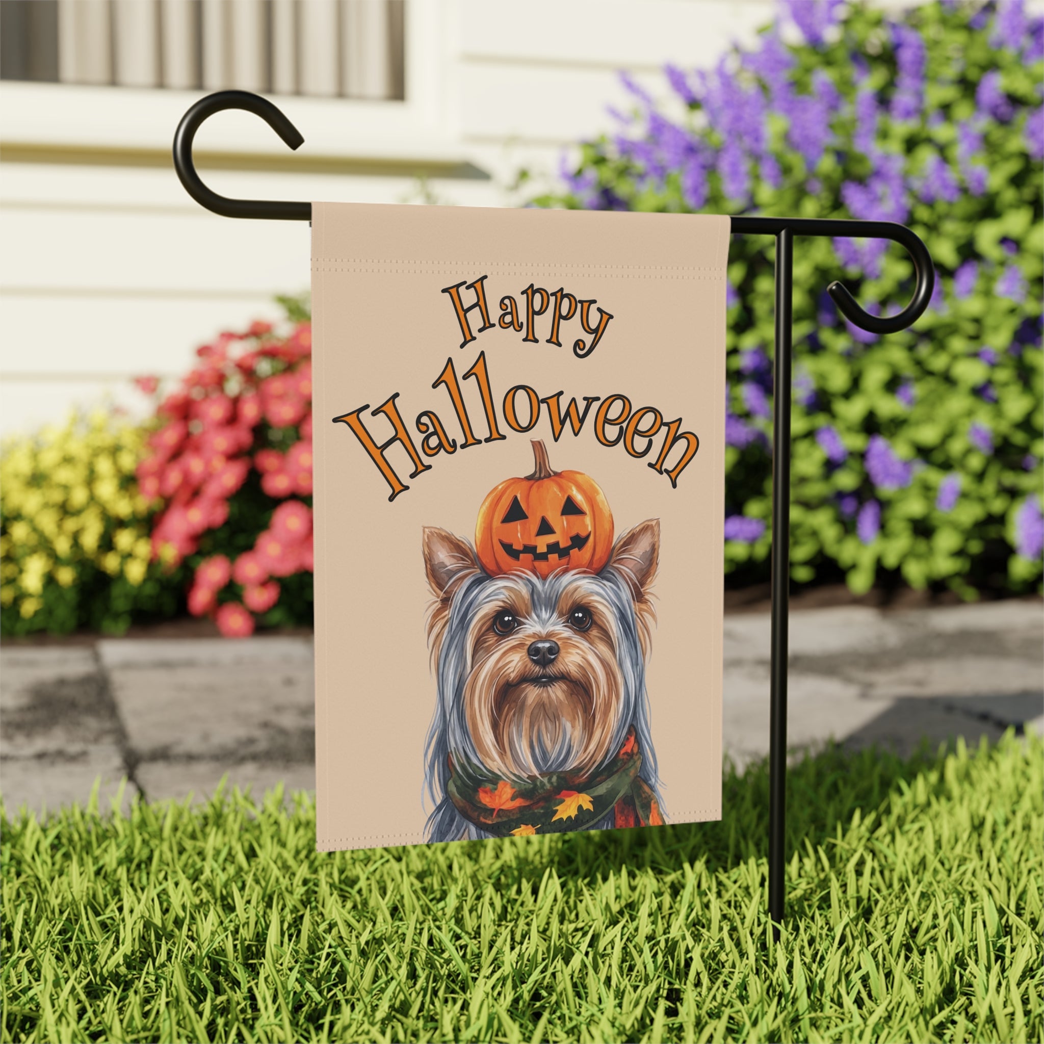 Happy Halloween Yorkshire Terrier And Pumpkin Garden Flag Double Sided Outdoor