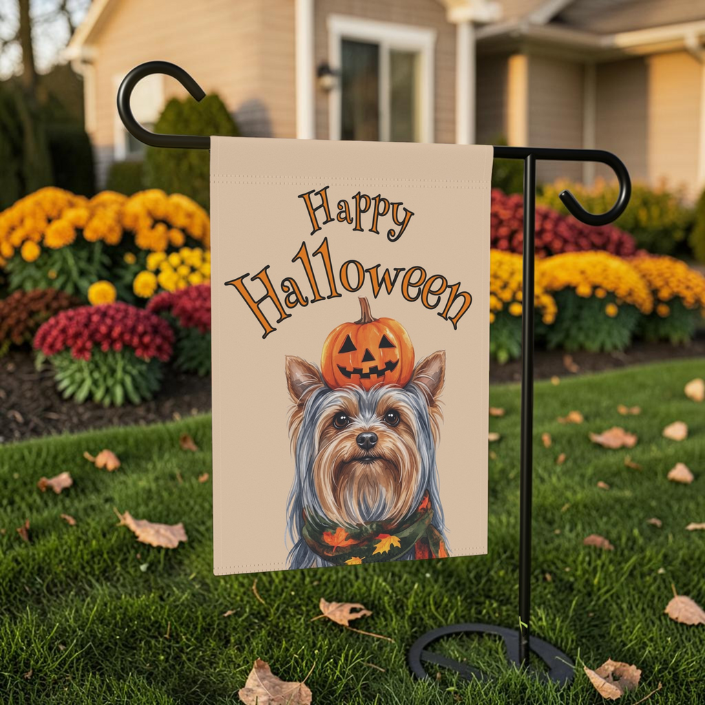 Happy Halloween Yorkshire Terrier And Pumpkin Garden Flag Double Sided Outdoor