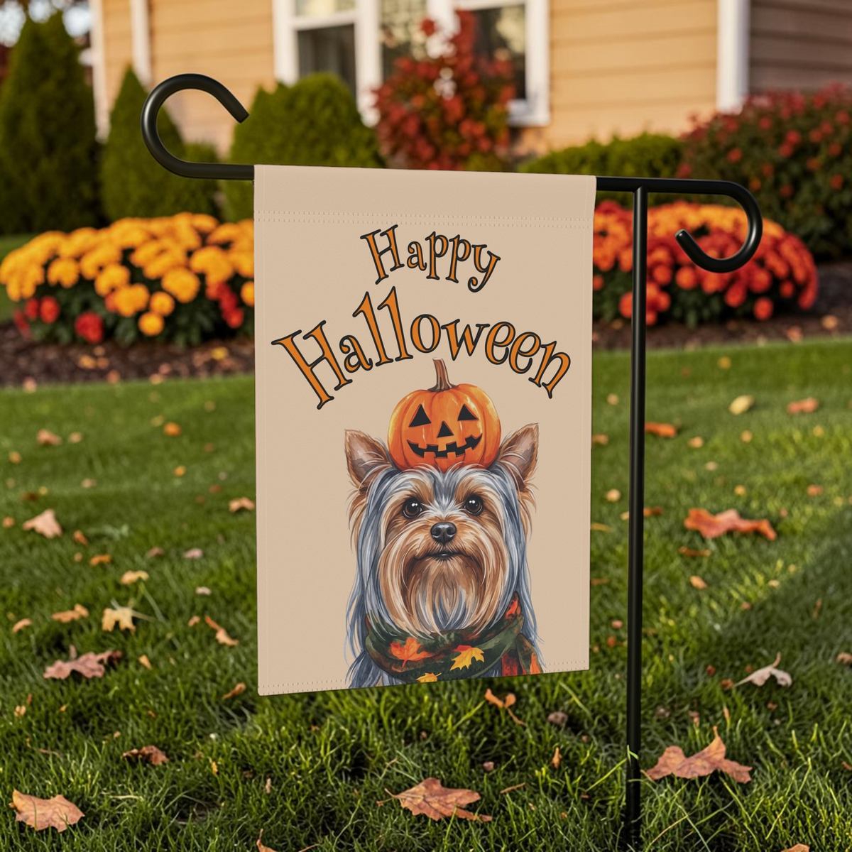 Happy Halloween Yorkshire Terrier And Pumpkin Garden Flag Double Sided Outdoor
