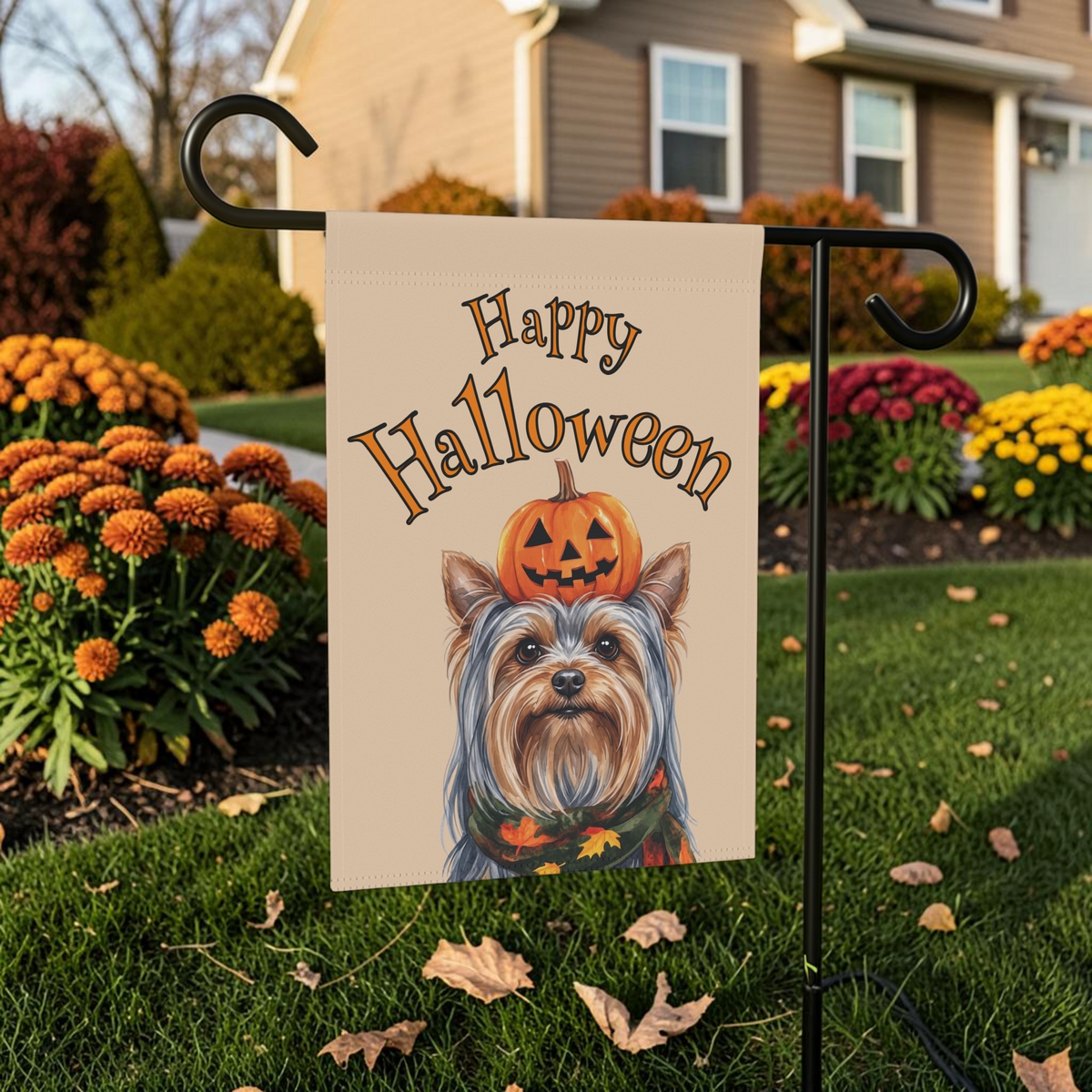 Happy Halloween Yorkshire Terrier And Pumpkin Garden Flag Double Sided Outdoor