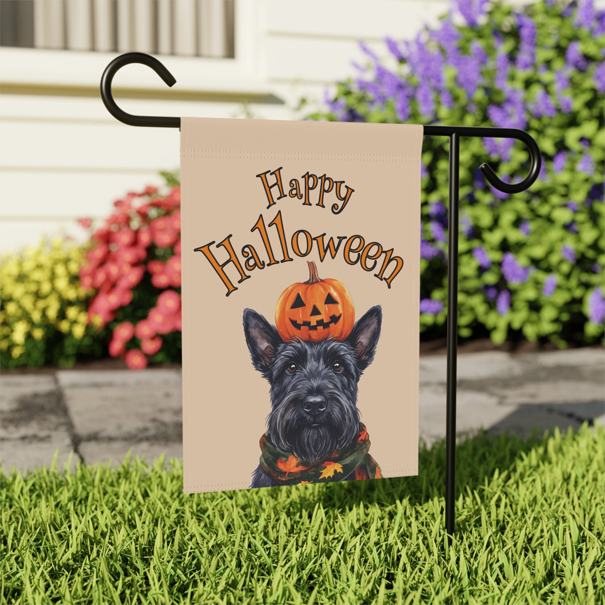 Happy Halloween Scottish Terrier And Pumpkin Garden Flag Double Sided Outdoor