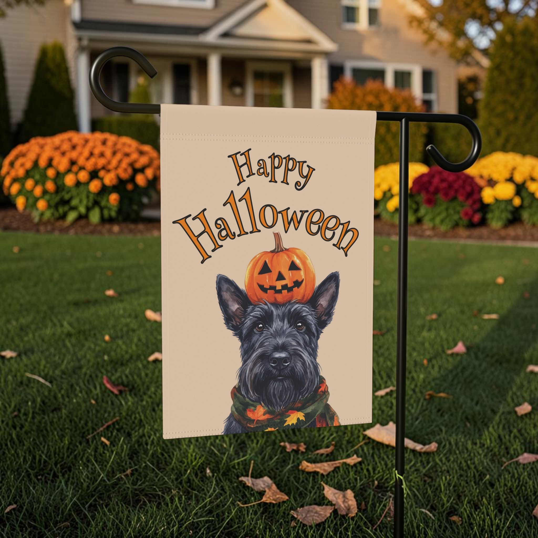 Happy Halloween Scottish Terrier And Pumpkin Garden Flag Double Sided Outdoor