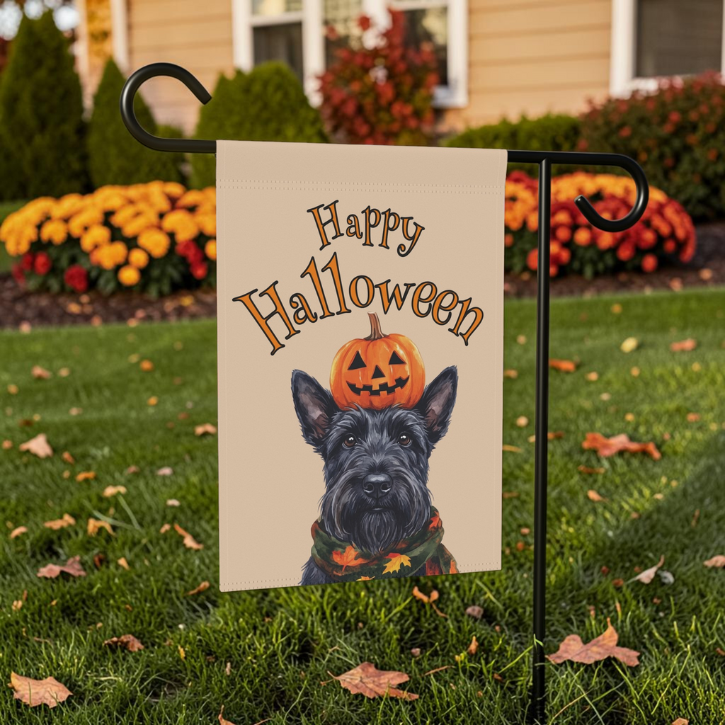 Happy Halloween Scottish Terrier And Pumpkin Garden Flag Double Sided Outdoor