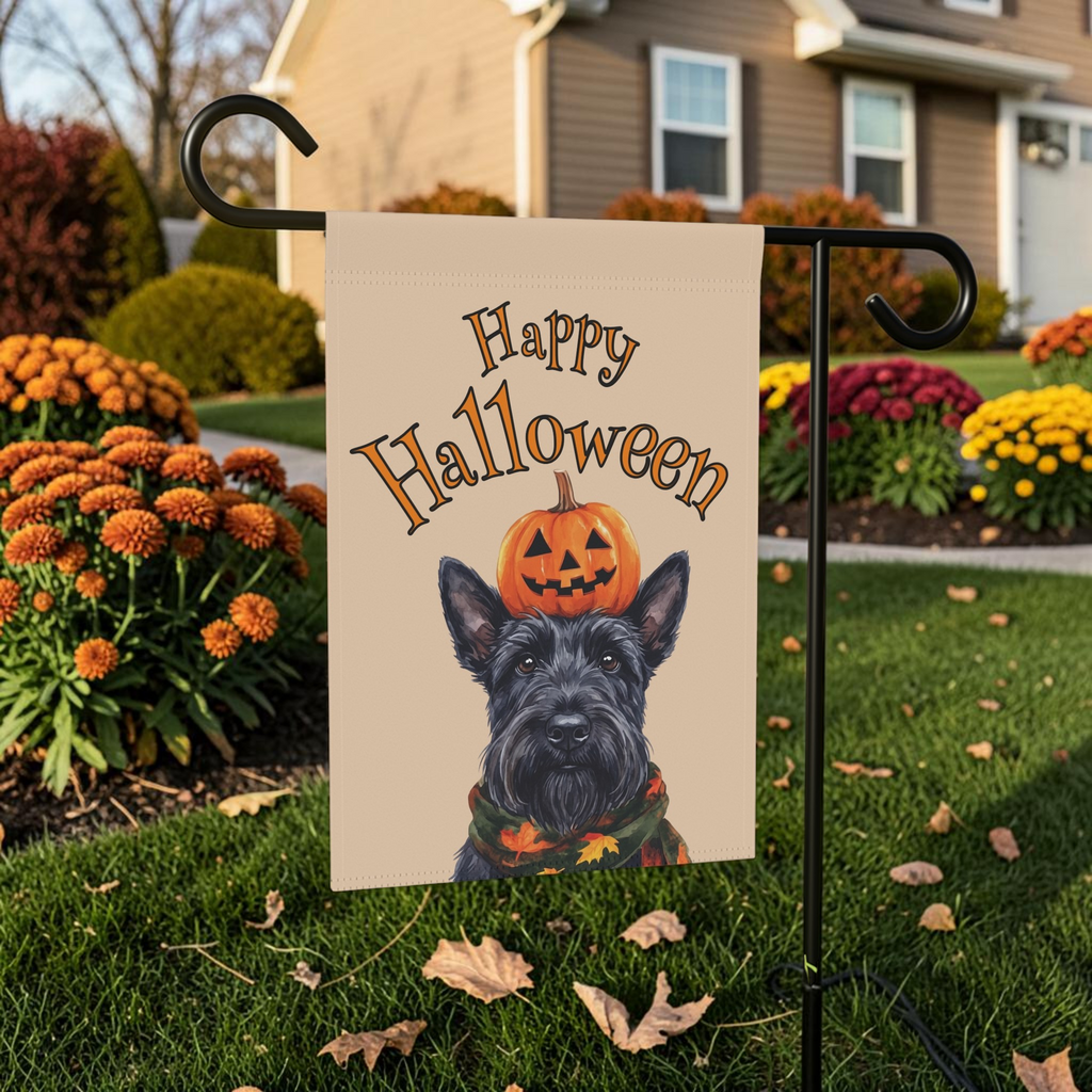 Happy Halloween Scottish Terrier And Pumpkin Garden Flag Double Sided Outdoor