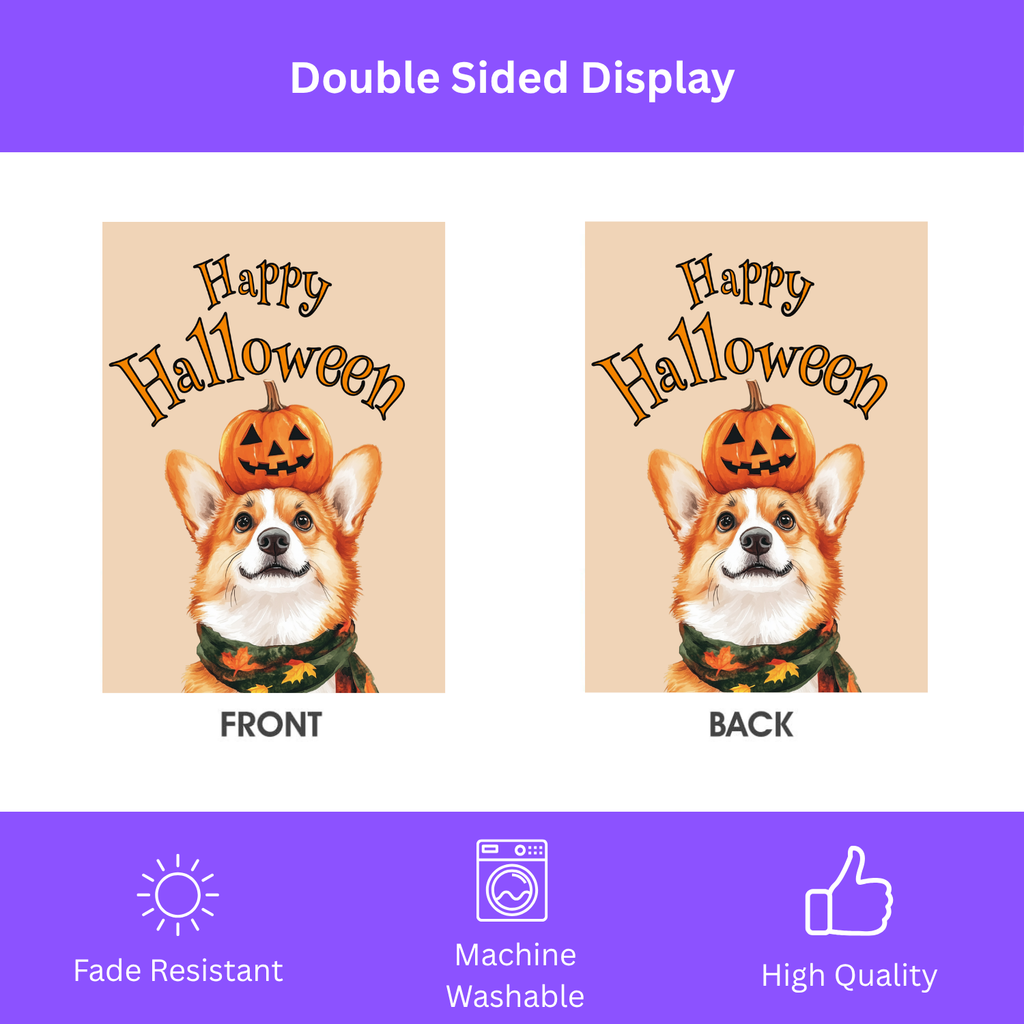 Happy Halloween Corgi and Pumpkin Garden Flag Double Sided 12x18 24x32 Outdoor
