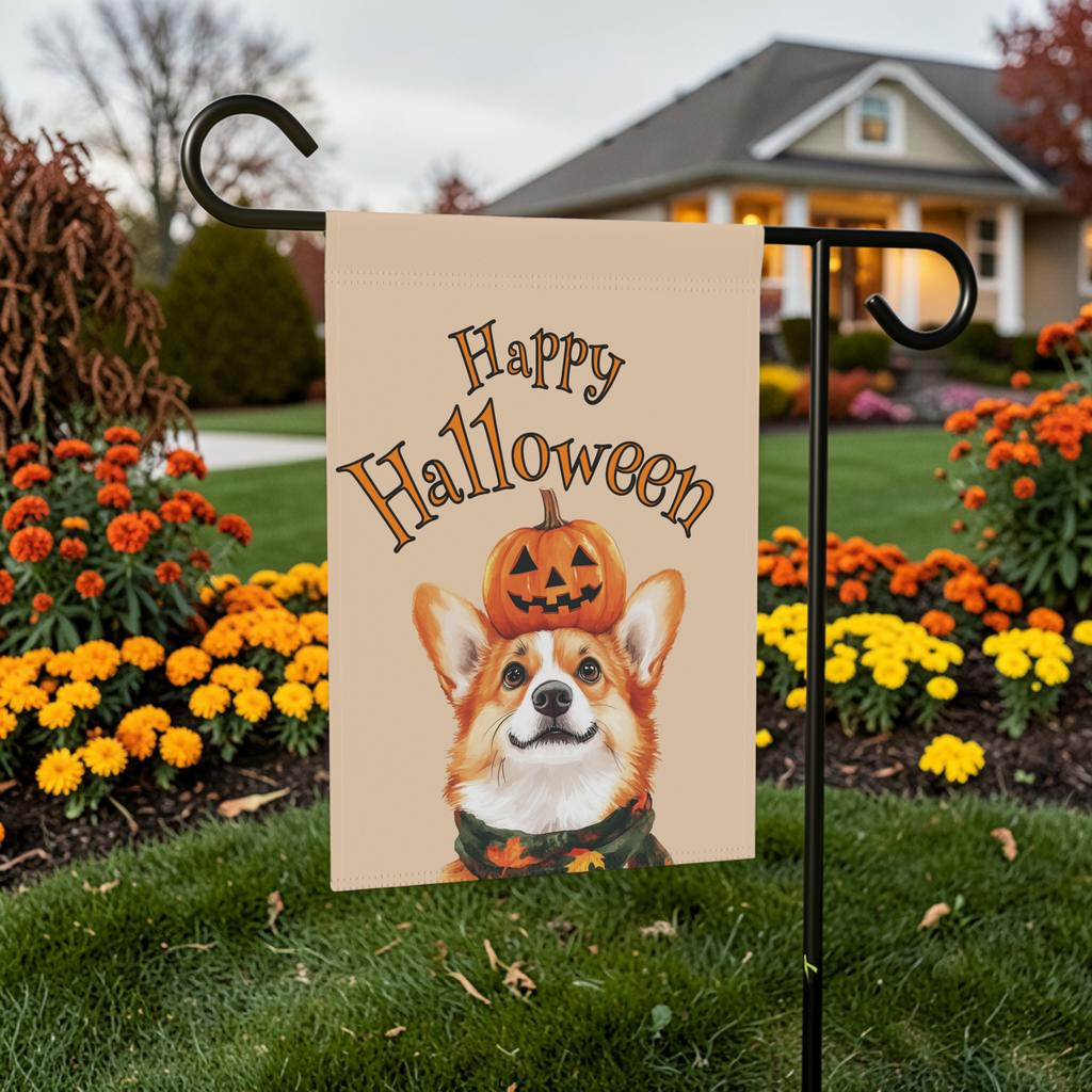 Happy Halloween Corgi and Pumpkin Garden Flag Double Sided 12x18 24x32 Outdoor