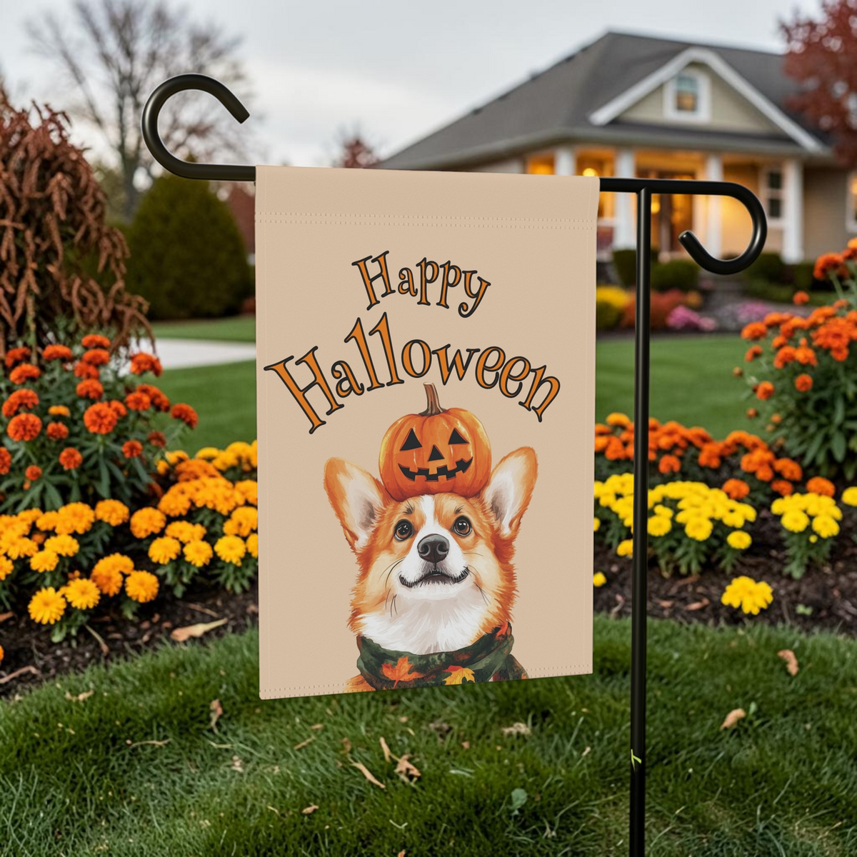 Happy Halloween Corgi and Pumpkin Garden Flag Double Sided 12x18 24x32 Outdoor