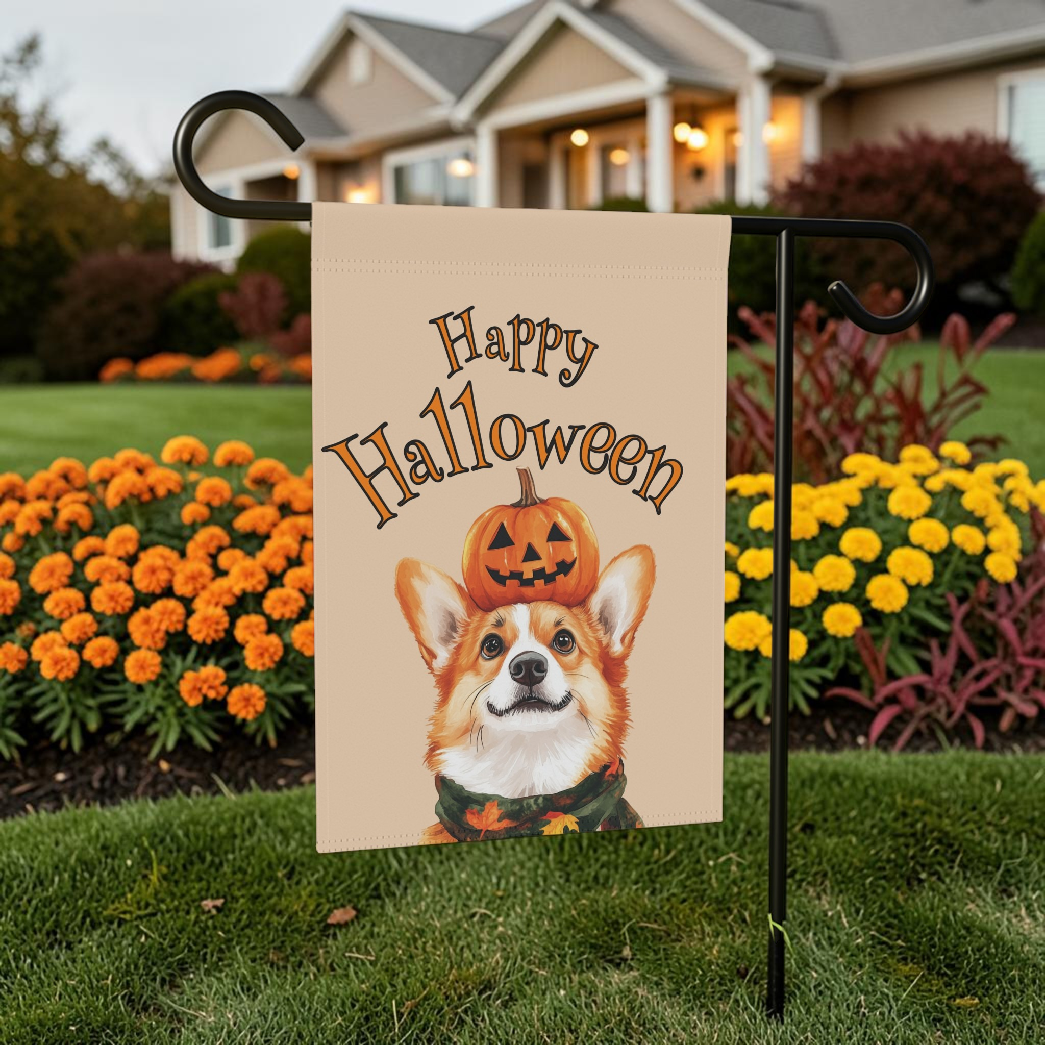 Happy Halloween Corgi and Pumpkin Garden Flag Double Sided 12x18 24x32 Outdoor