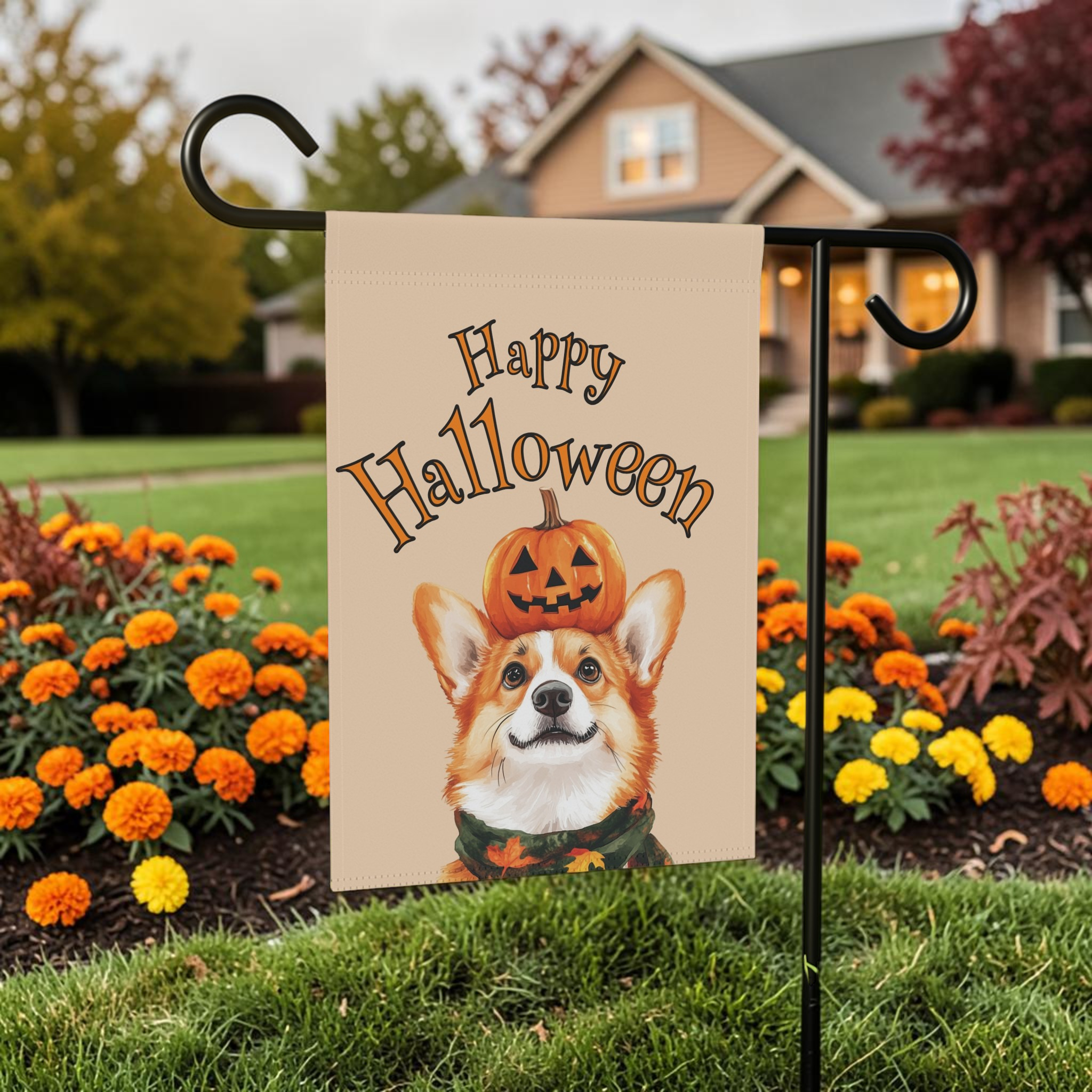 Happy Halloween Corgi and Pumpkin Garden Flag Double Sided 12x18 24x32 Outdoor