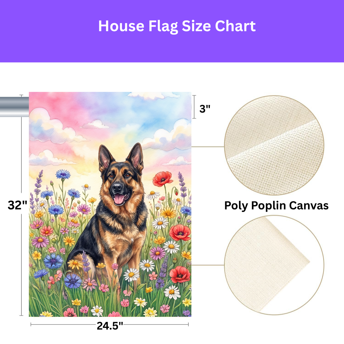German Shepherd in Wildflowers Garden Flag Double Sided 12x18 24x32 Outdoor