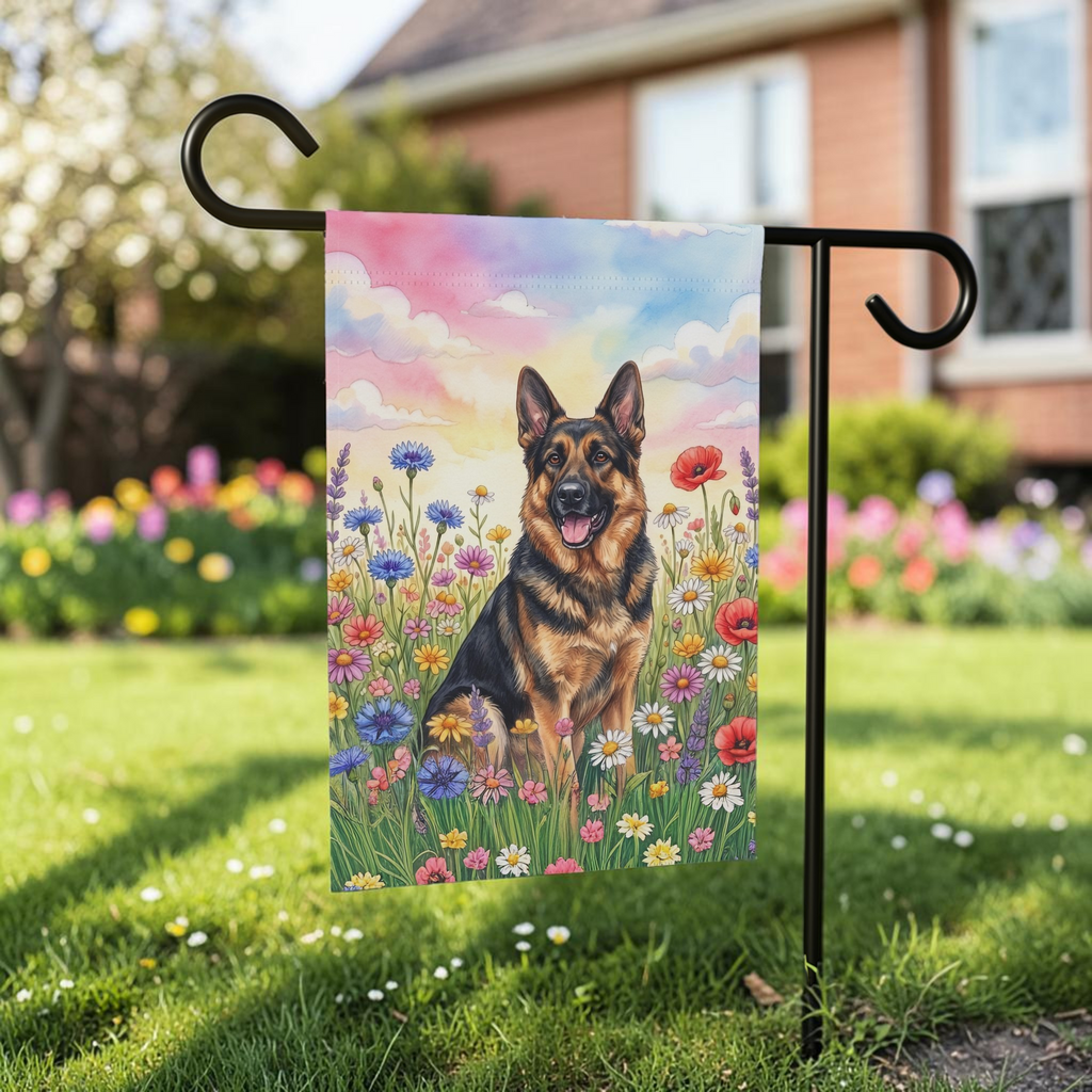 German Shepherd in Wildflowers Garden Flag Double Sided 12x18 24x32 Outdoor