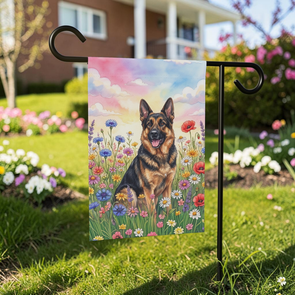 German Shepherd in Wildflowers Garden Flag Double Sided 12x18 24x32 Outdoor