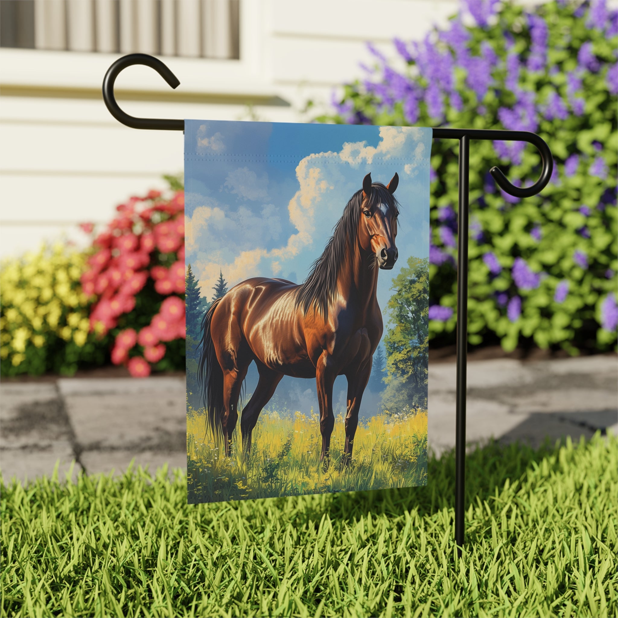Clouded Sky Brown Horse Garden Flag Double Sided 12x18 24x32 Outdoor