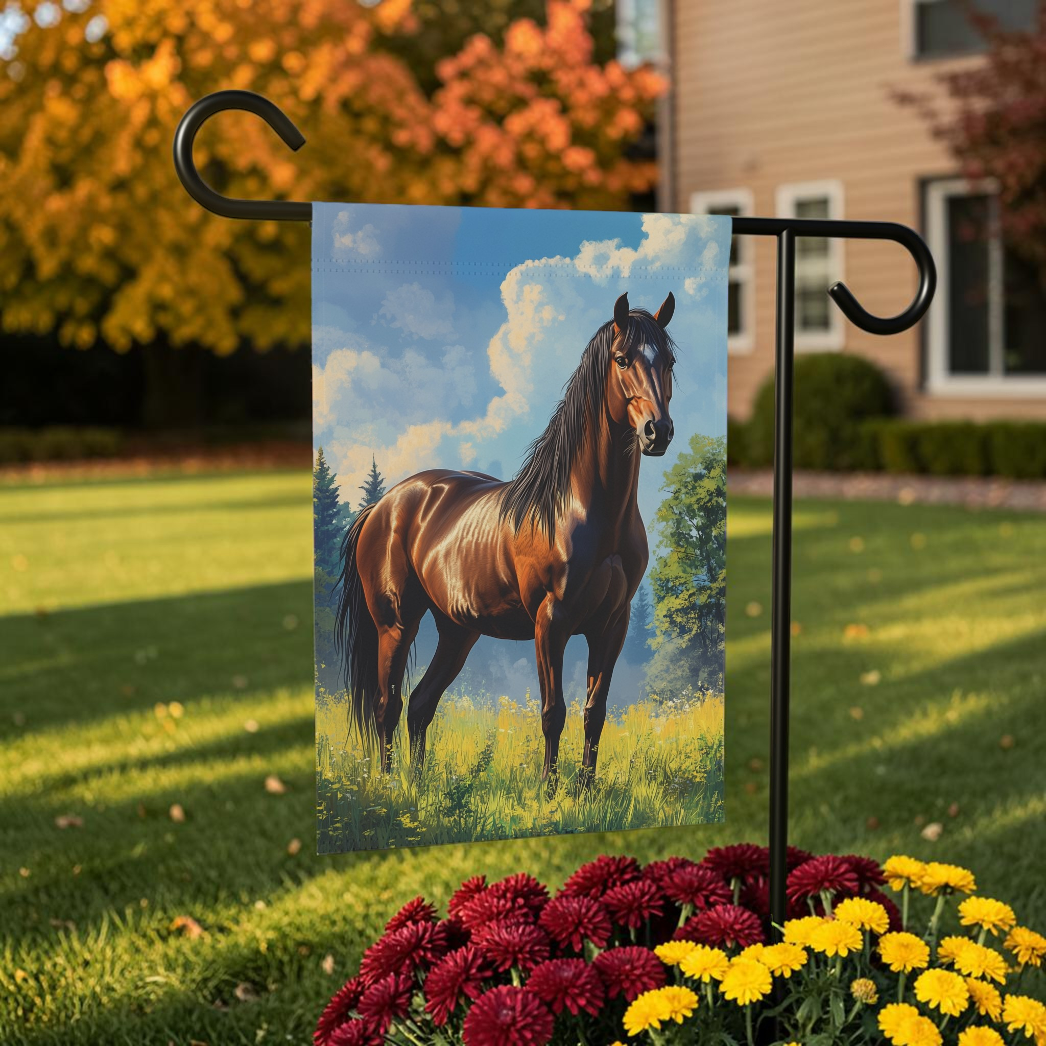 Clouded Sky Brown Horse Garden Flag Double Sided 12x18 24x32 Outdoor