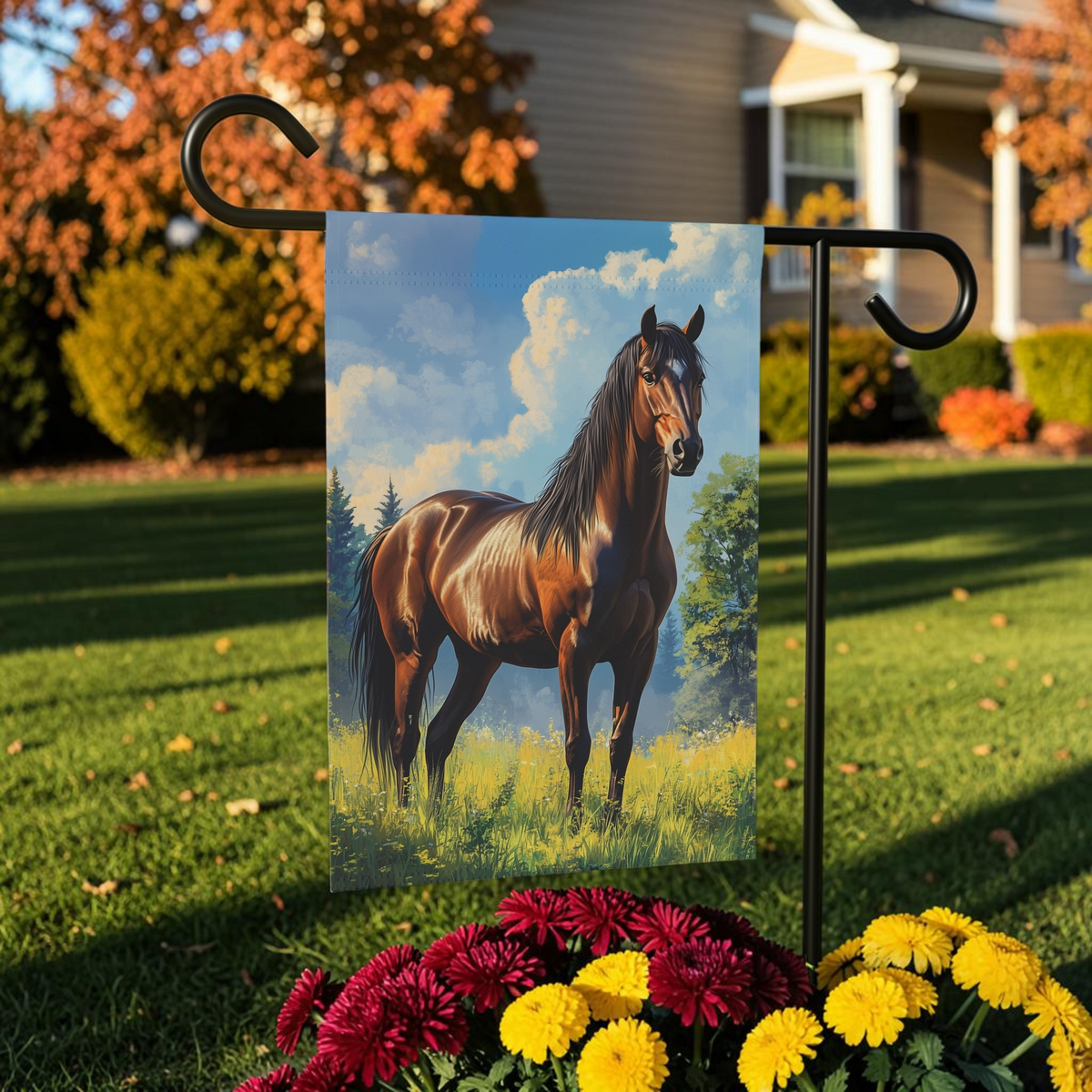 Clouded Sky Brown Horse Garden Flag Double Sided 12x18 24x32 Outdoor