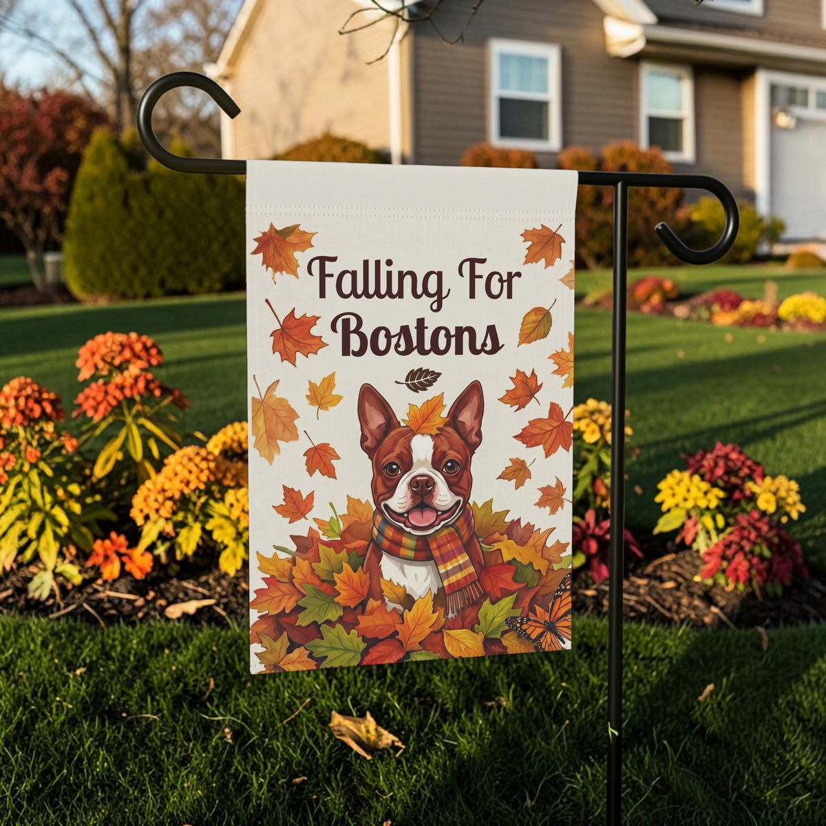 Falling For Bostons Red Boston Terrier Garden Flag Double Sided 12x18 24x32