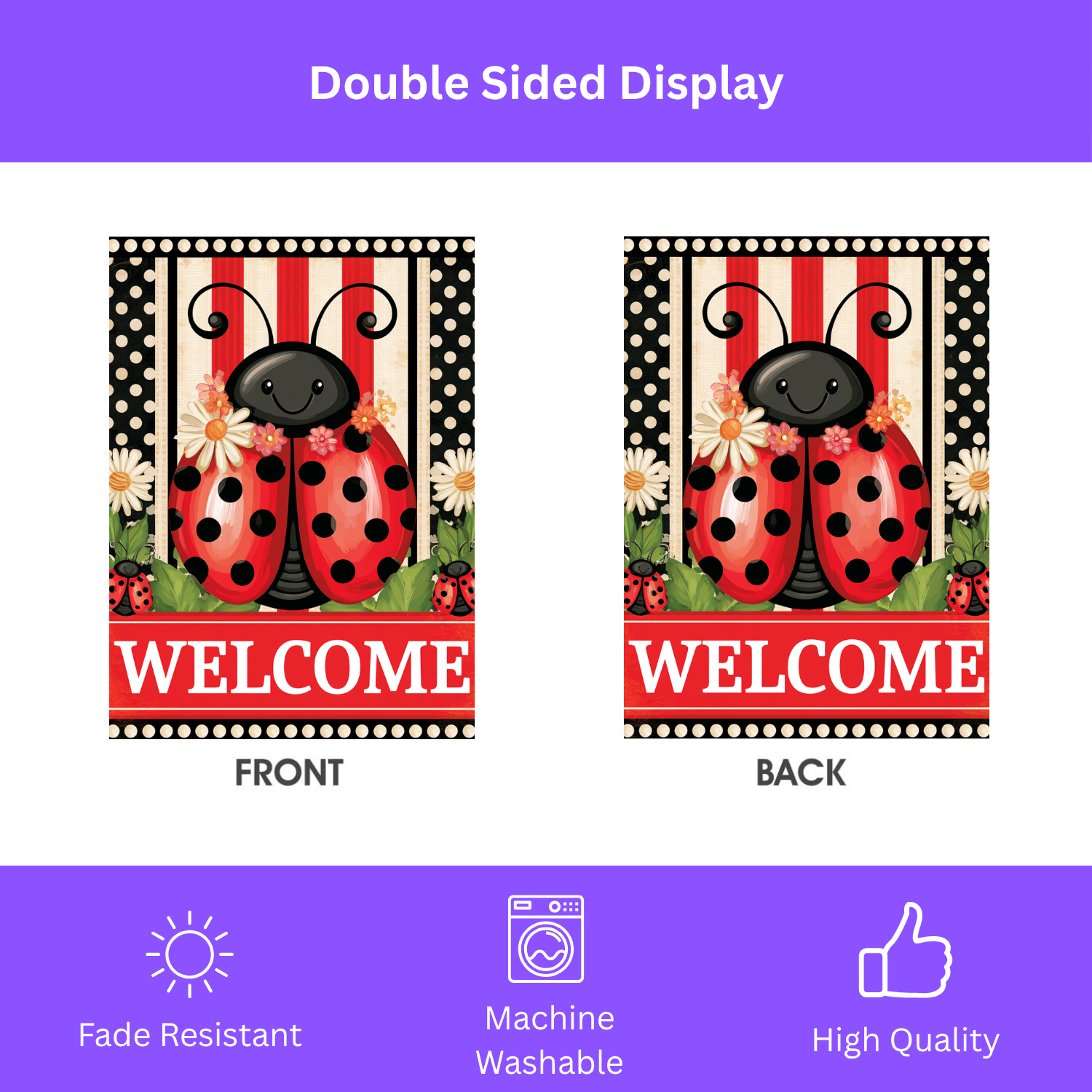 Welcome Ladybug house flag hanging from a white-tipped pole mounted on a home's exterior wall with greenery