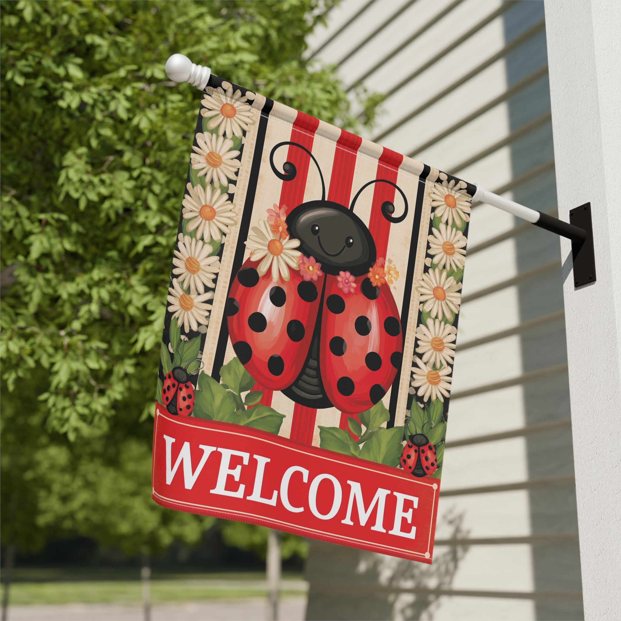 Size chart for the 12x18 inch Welcome Ladybug garden flag with a 1.25 inch pole sleeve and poly poplin canvas fabric texture