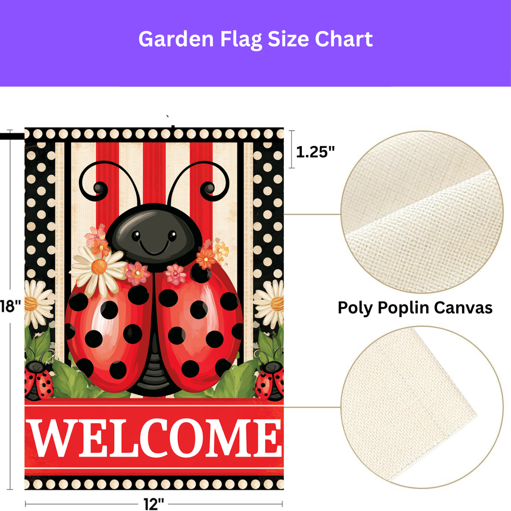 Welcome Ladybug garden flag displayed outdoors on its stand amid purple, pink, and yellow flowering bushes