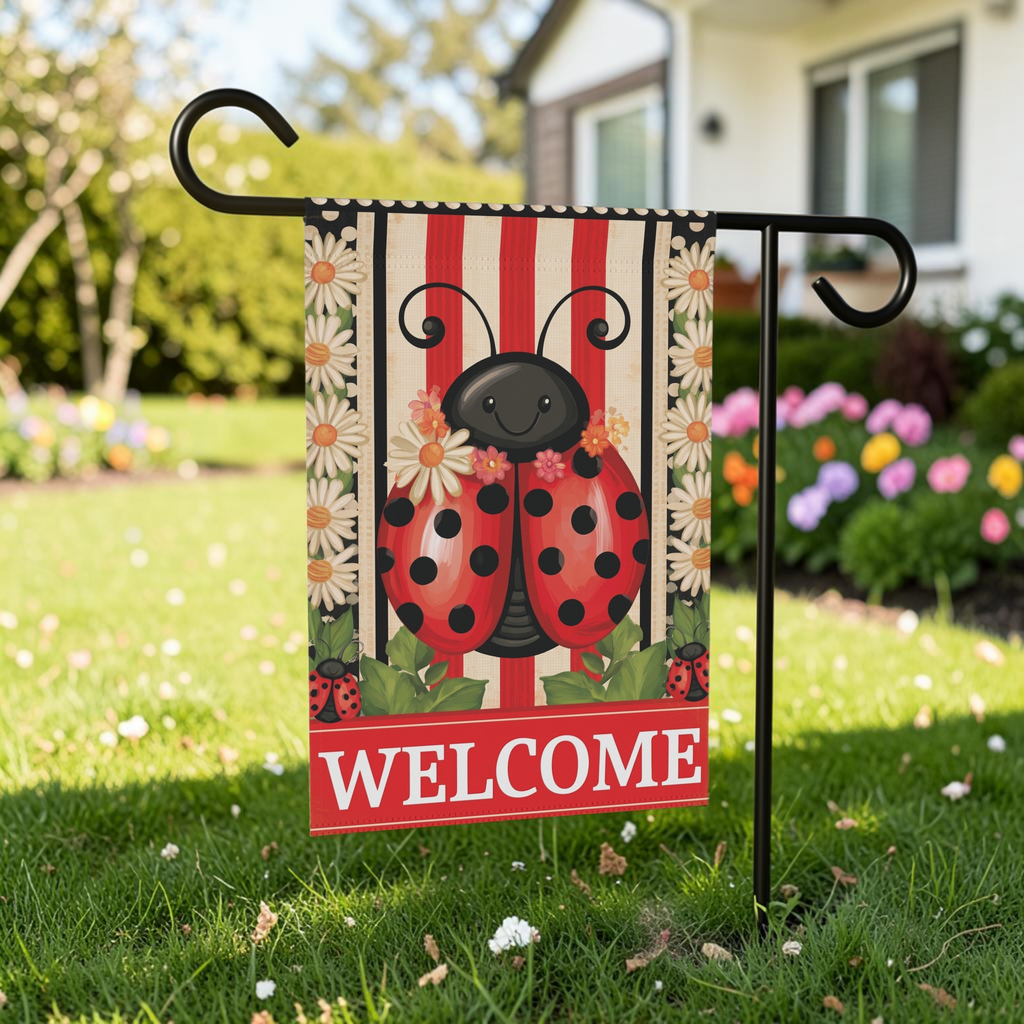 Close-up of the Welcome Ladybug garden flag artwork highlighting the ladybug's smiling face, floral details, and striped polka-dot borders