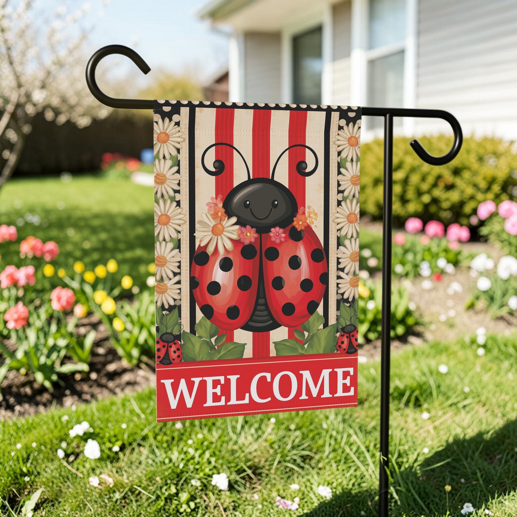 Welcome Ladybug garden flag on its stand in a front lawn with a house, tree, and colorful garden beds