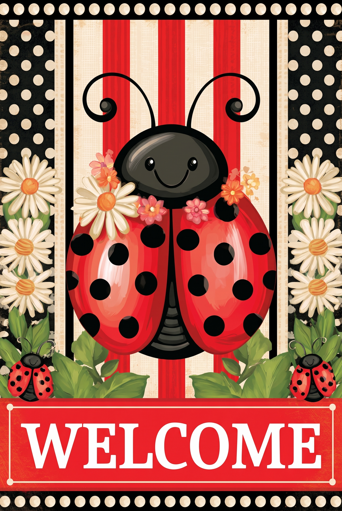 Front and back double-sided comparison of the Welcome Ladybug garden flag with fade-resistant, machine-washable quality icons