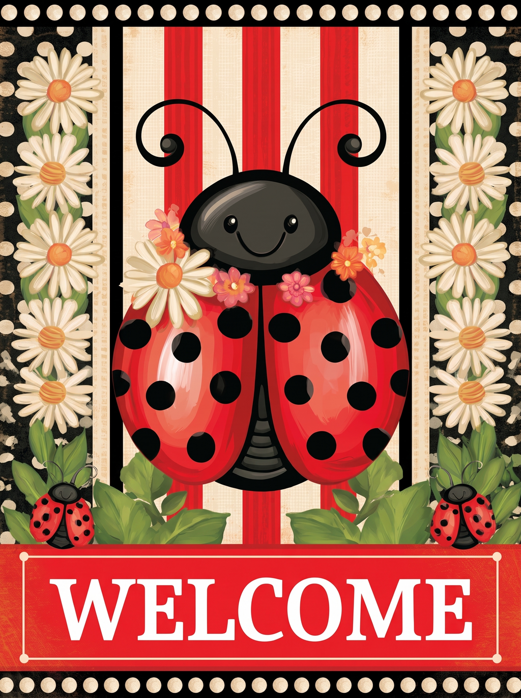 Full front design of the Welcome Ladybug garden flag showing the ladybug with daisies, polka-dot borders, and a red WELCOME banner
