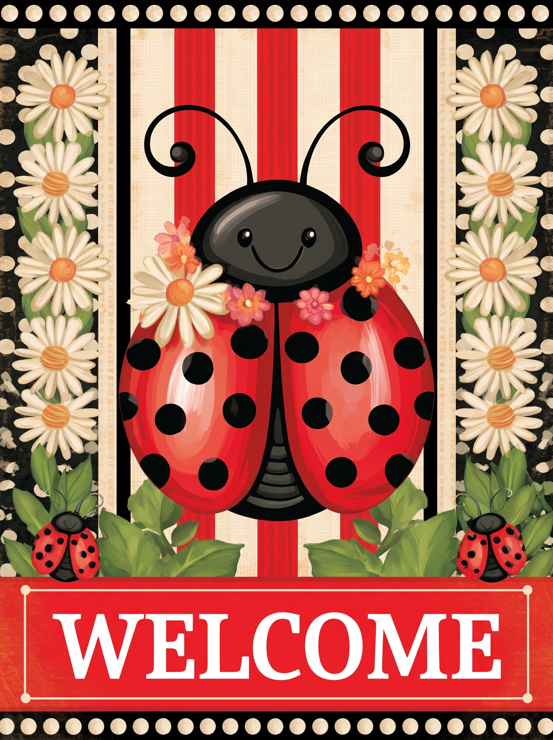 Full front design of the Welcome Ladybug garden flag showing the ladybug with daisies, polka-dot borders, and a red WELCOME banner