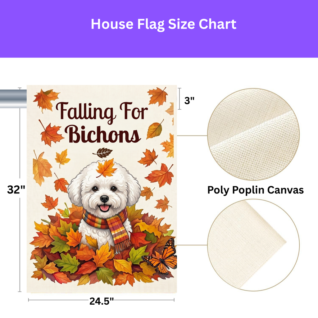 Size chart for the 24.5x32 inch Falling For Bichons house flag with a poly poplin canvas fabric close-up