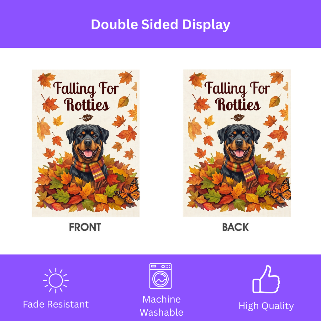 Front and back double-sided comparison of the Falling For Rotties Rottweiler garden flag