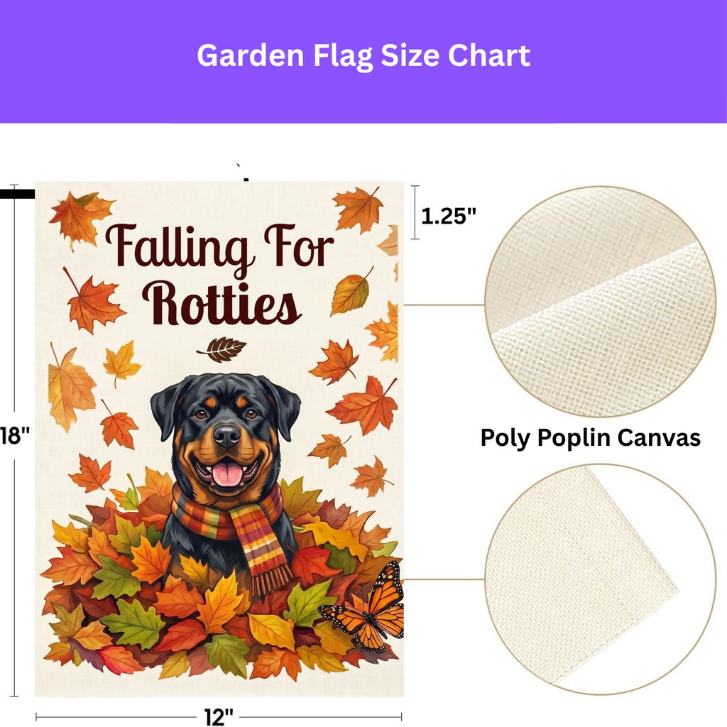 Size chart for the 12x18 inch Falling For Rotties Rottweiler garden flag with a poly poplin canvas fabric close-up