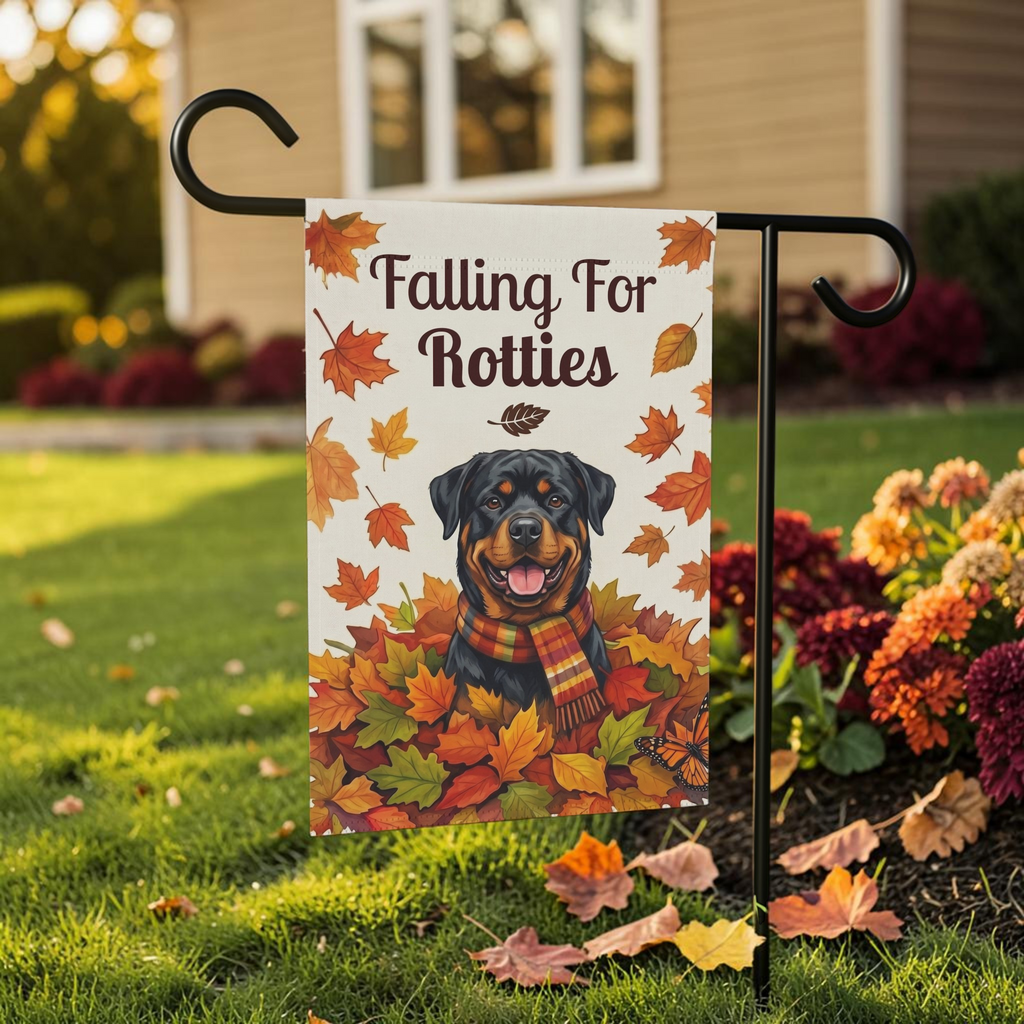 Falling For Rotties Rottweiler garden flag on its stand beside a flowering shrub bed with red and yellow blooms