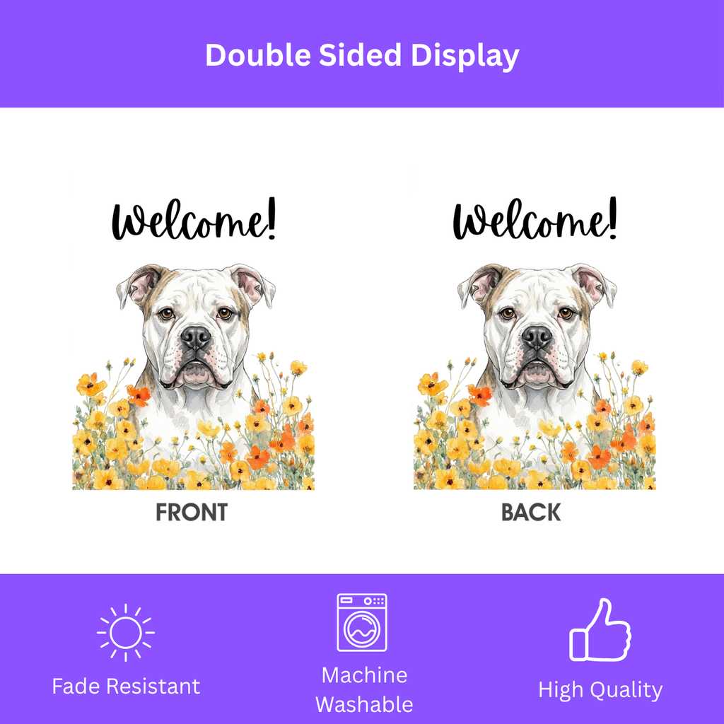 Front and back double-sided comparison of the Yellow Poppies American Bulldog Welcome garden flag with fade-resistant, machine-washable quality icons