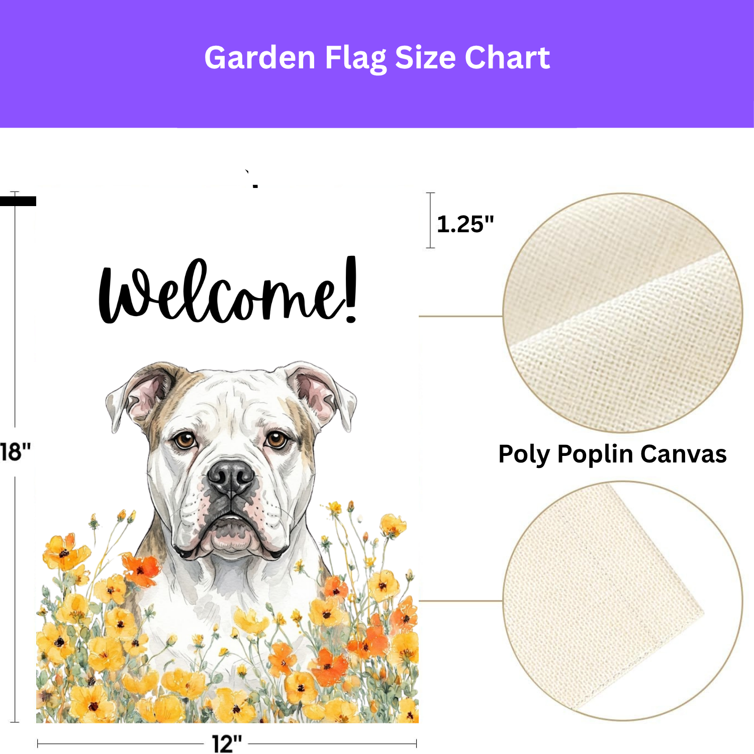 Size chart for the 12x18 inch Yellow Poppies American Bulldog Welcome garden flag with a poly poplin canvas fabric close-up