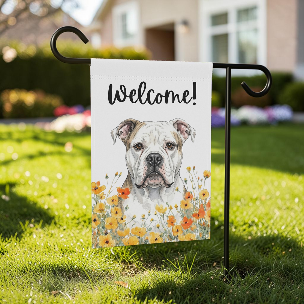 Yellow Poppies American Bulldog Welcome garden flag displayed on its stand in a grassy front yard