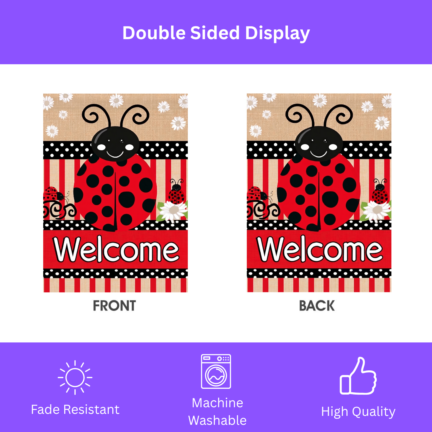 Front and back double-sided comparison of the Large Ladybug Welcome garden flag with fade-resistant, machine-washable quality icons