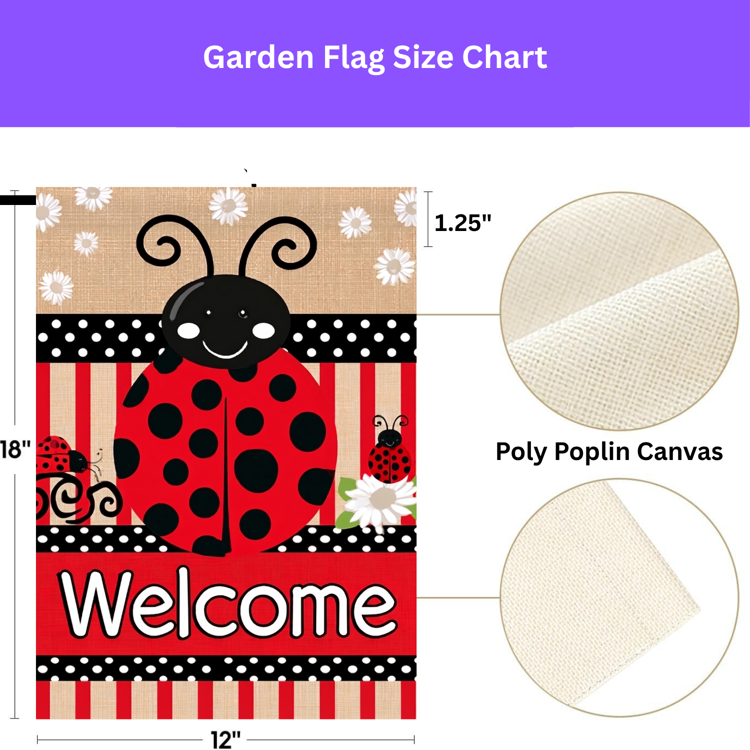 Size chart for the 12x18 inch Large Ladybug Welcome garden flag with a 1.25 inch hanging sleeve and poly poplin canvas fabric texture
