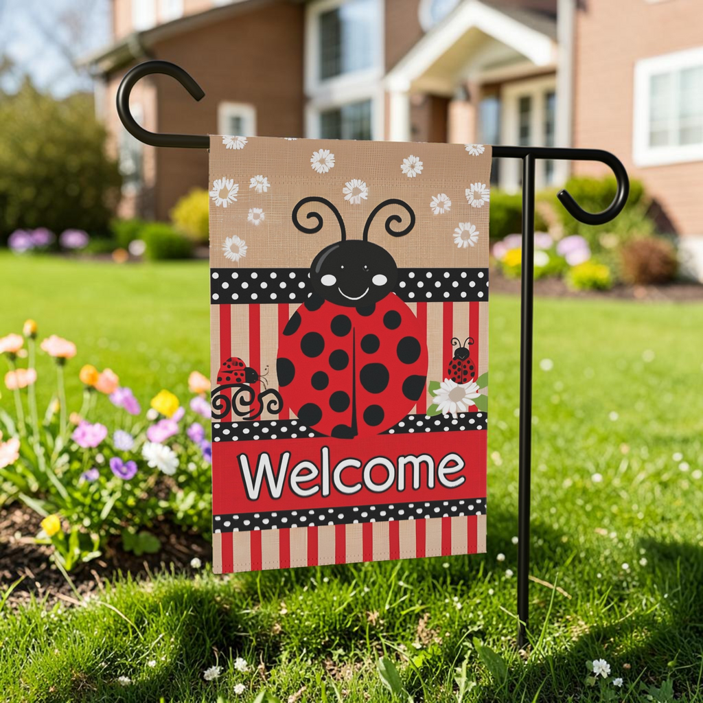 Large Ladybug Welcome garden flag on its stand near purple and yellow flowers with a brick house in the background
